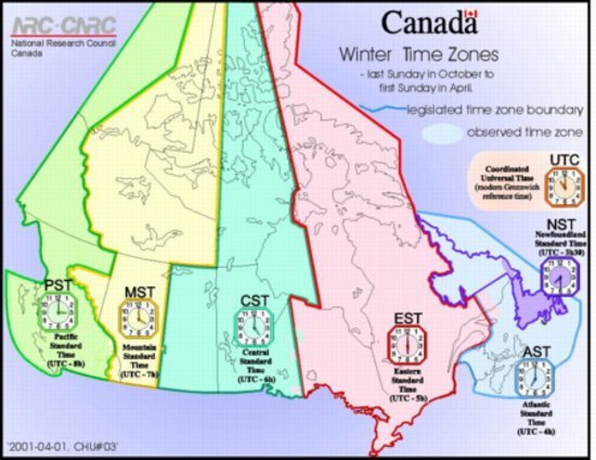 Map of Canadian Time Zones