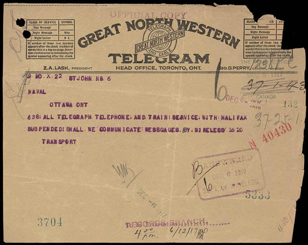 Telegram from the Halifax explosion of 1917