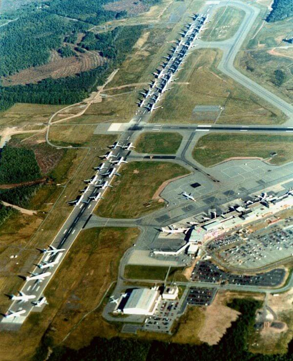 Arial view of planes grounded on runway