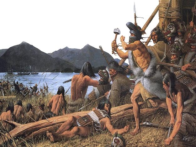 A painting depicting the Battle of Sitka, a skirmish between Russian and Tlingit forces.