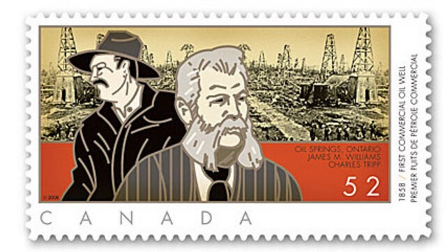 A Canada Post stamp depicting Charles Tripp and James Williams, Canada's first petroleum pioneers.