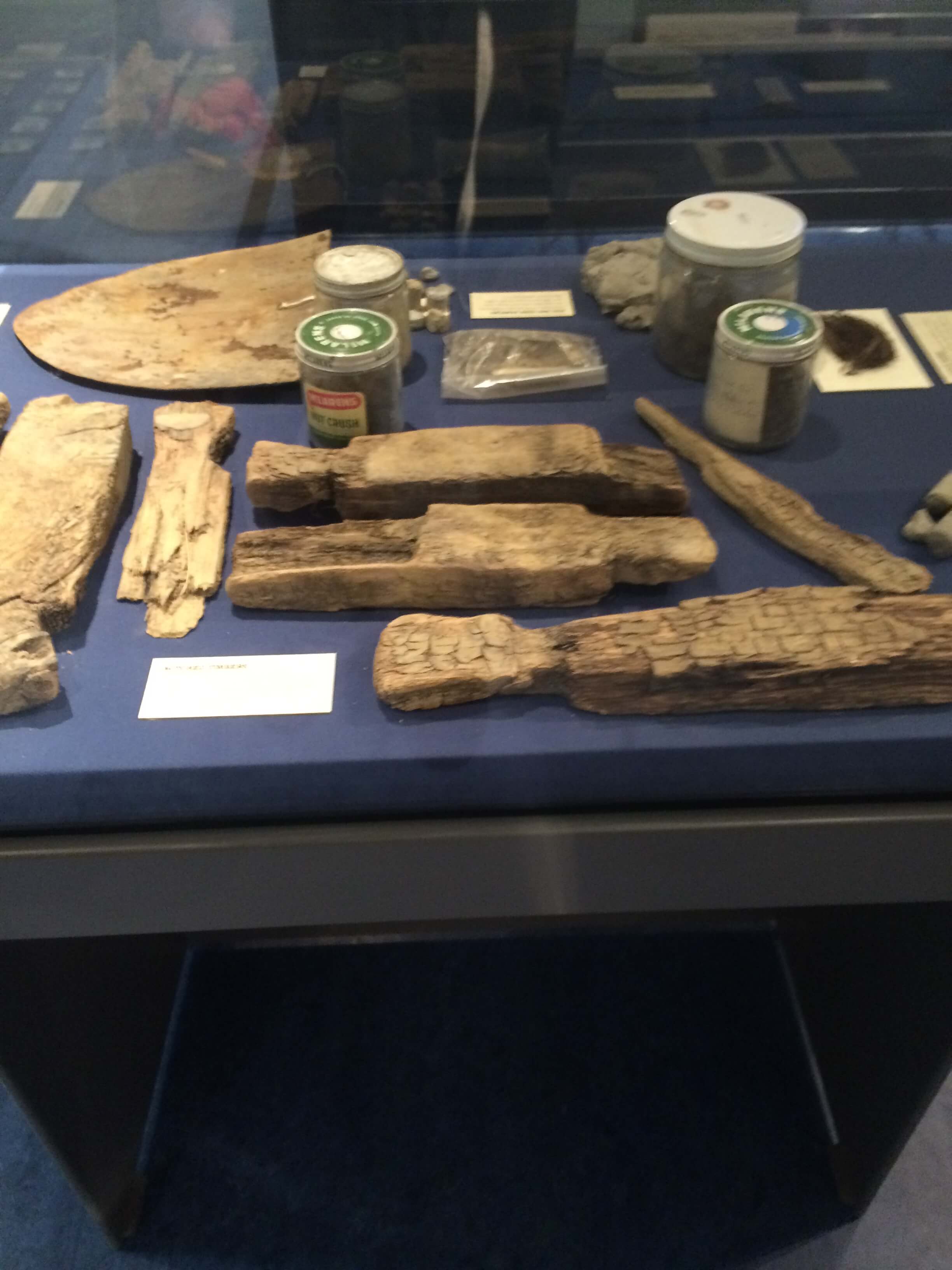 Fragments of timber previous Oak Island treasure hunters have unearthed on the island on display at the Museum of Natural History in Halifax. Image courtesy of Ryan Phillips.